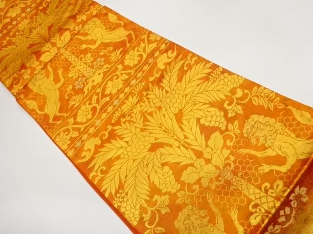 抽象向かい動物・花唐草・草木模様織出し袋帯